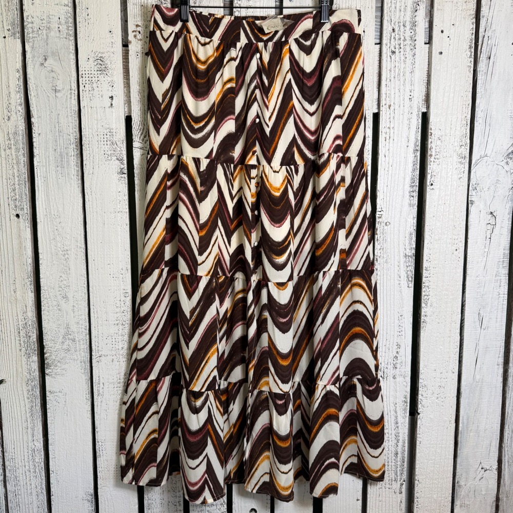 Cato Cream, Brown & Mustard Wave Print Maxi Skirt